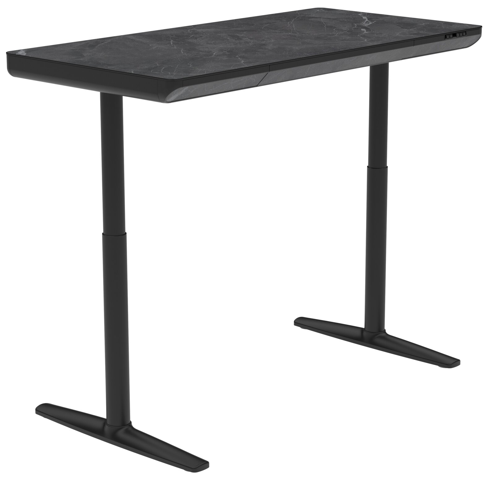 Moderner E-Schreibtisch mit schwarzer Marmoroptik, höhenverstellbar, seitliche Perspektive