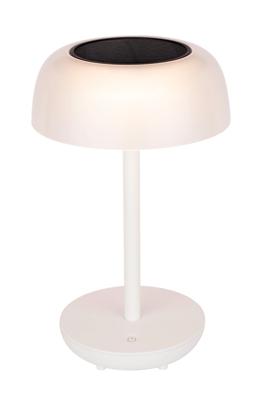 Weiße Solarleuchte mit rundem Lampenschirm und Solarpanel von vorne