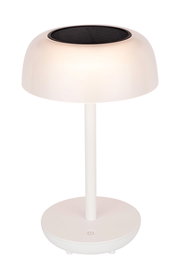 Weiße Solarleuchte mit rundem Lampenschirm und Solarpanel von vorne