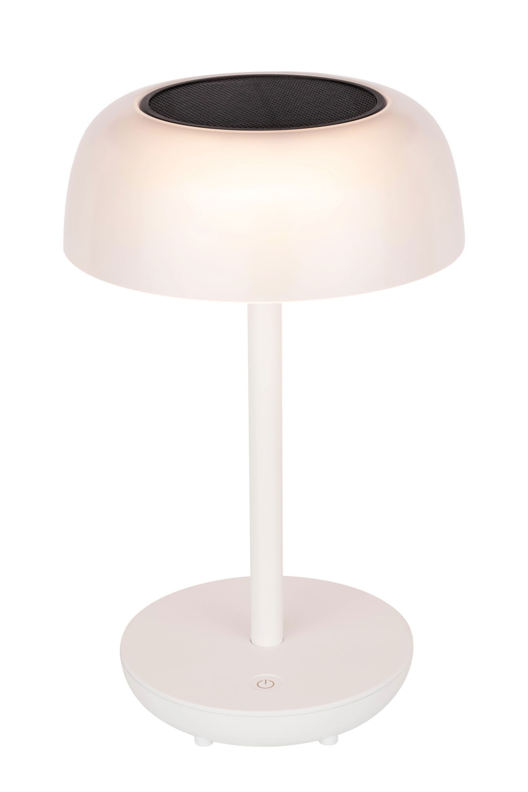 Weiße Solarleuchte mit rundem Lampenschirm und Solarpanel von vorne