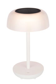 Weiße Solarleuchte mit rundem Lampenschirm und Solarpanel von vorne