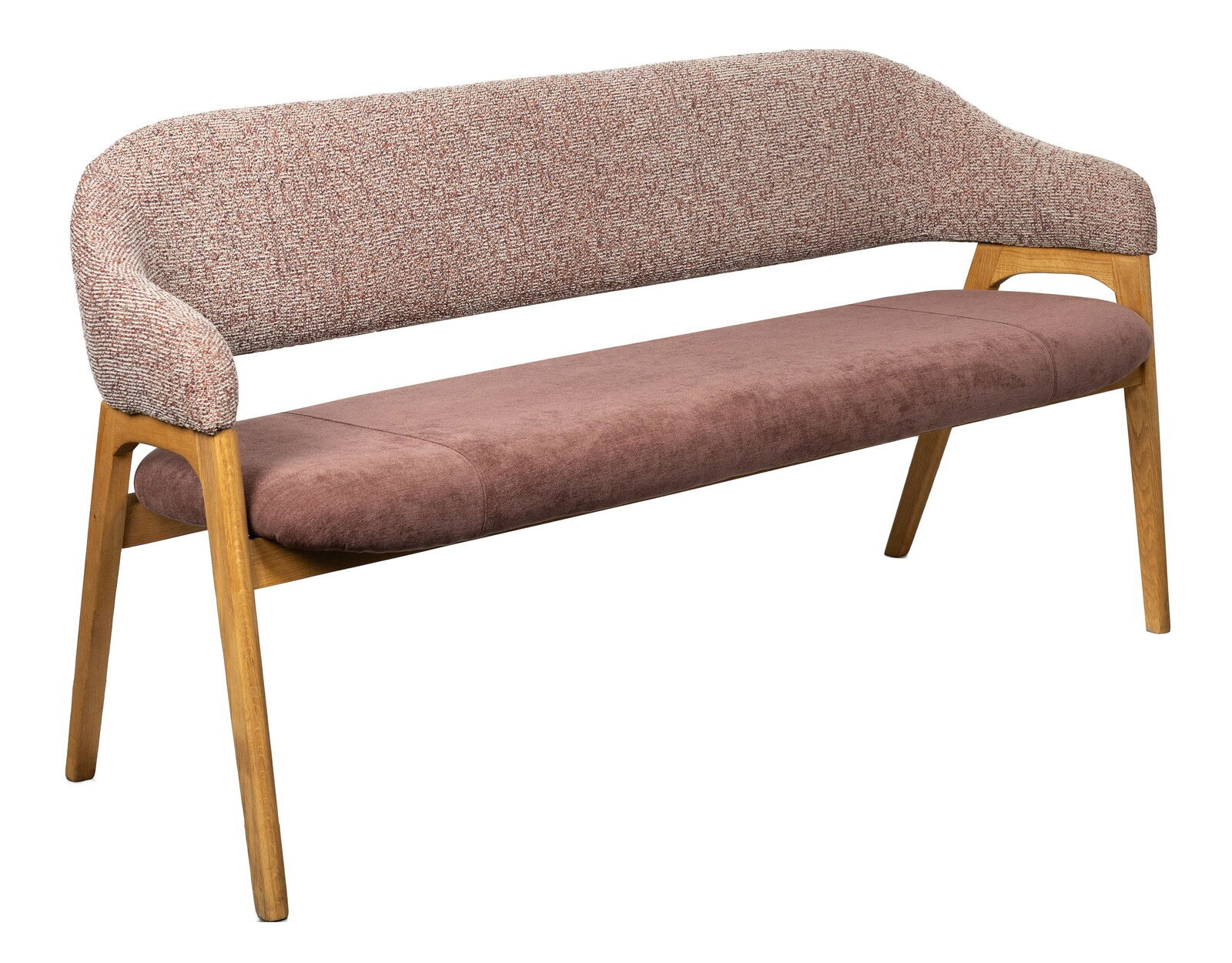 Sitzbank mit gepolsterter Rückenlehne und Sitzfläche in warmen Brauntönen, seitliche Perspektive