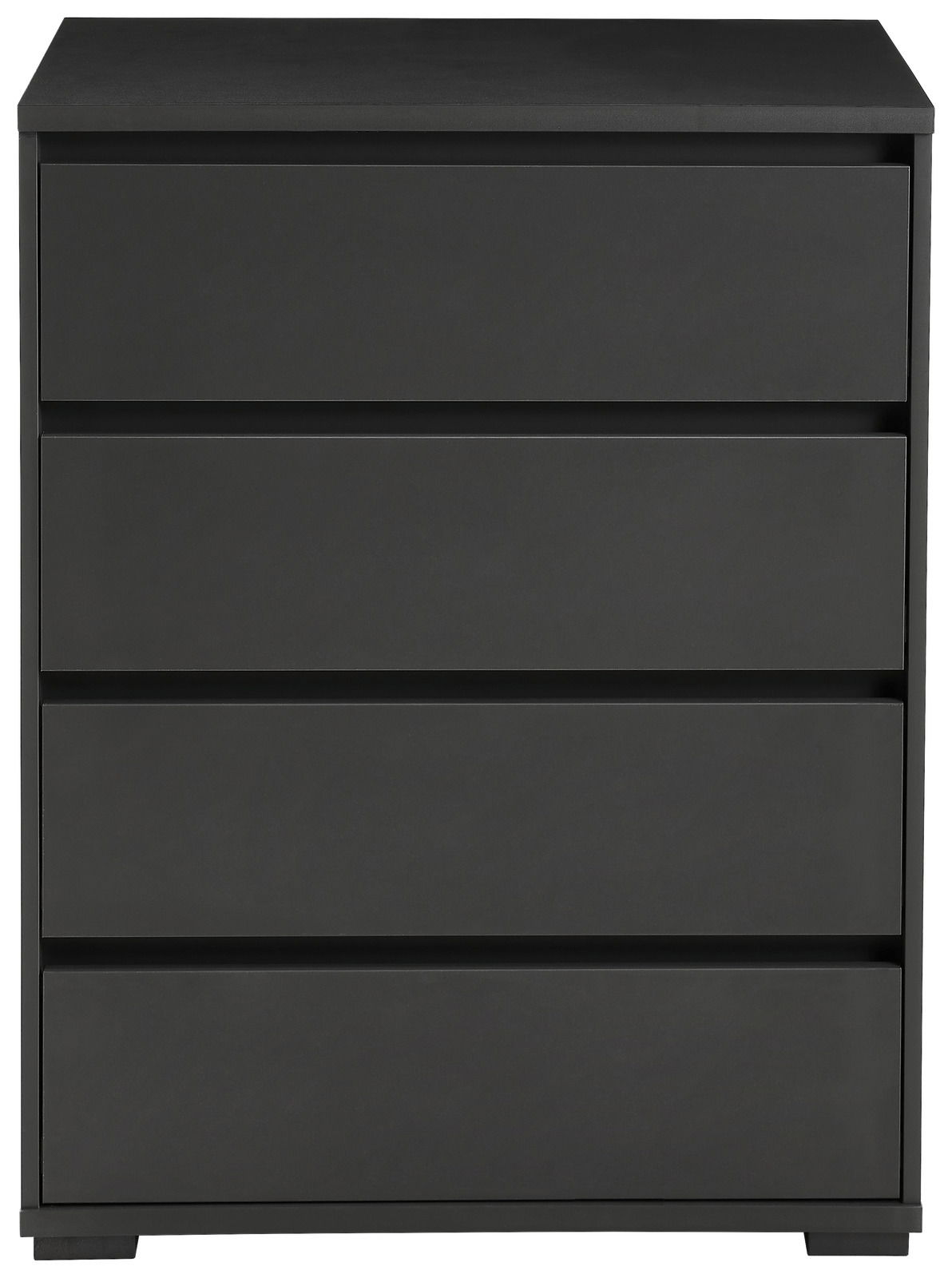 Schwarze Hochkommode mit vier Schubladen, frontale Ansicht
