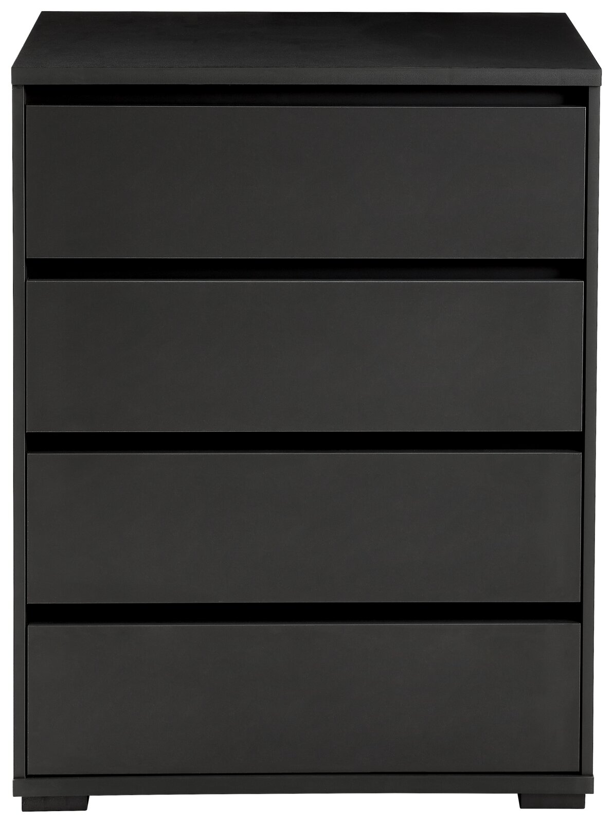 Schwarze Hochkommode mit vier Schubladen, frontale Ansicht