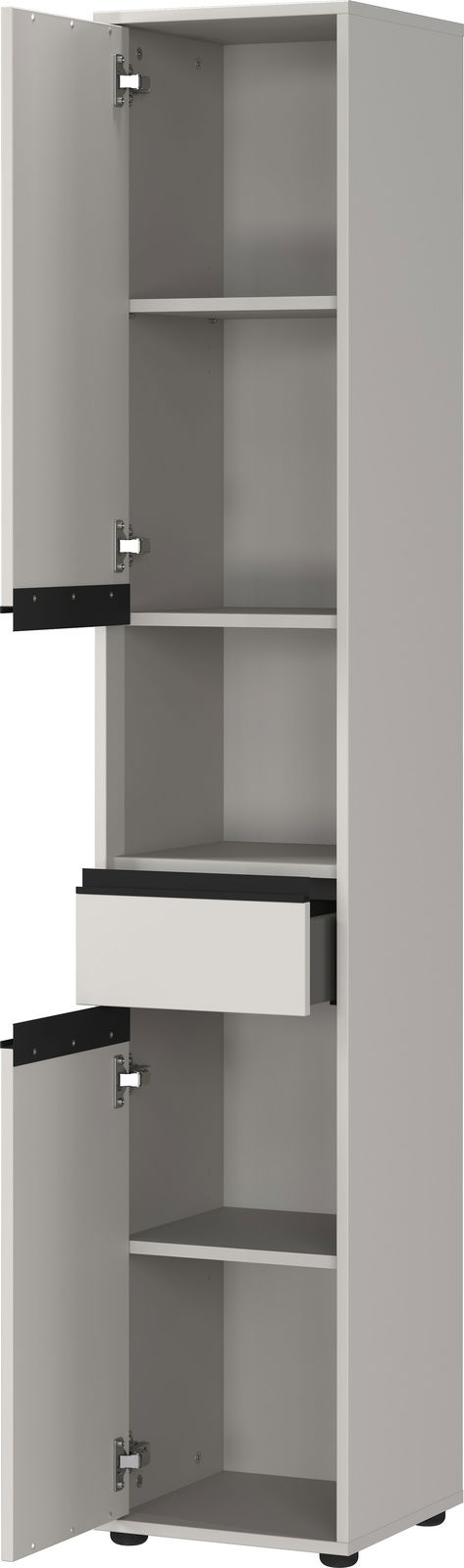 Hochschrank mit geöffneter Tür und Schublade, seitliche Perspektive