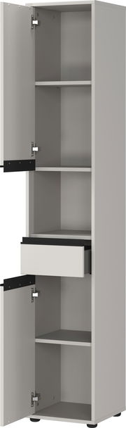 Hochschrank mit geöffneter Tür und Schublade, seitliche Perspektive