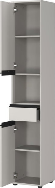 Hochschrank mit geöffneter Tür und Schublade, seitliche Perspektive