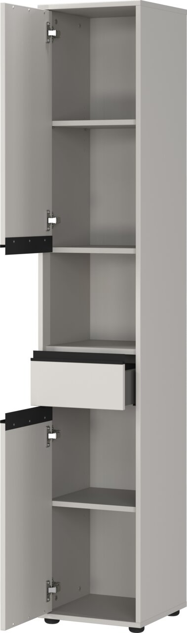 Hochschrank mit geöffneter Tür und Schublade, seitliche Perspektive
