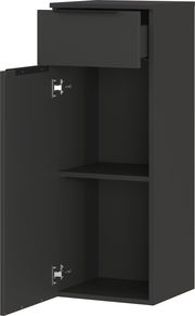 Schwarzer Schrank mit geöffneter Tür und Schublade, seitliche Perspektive