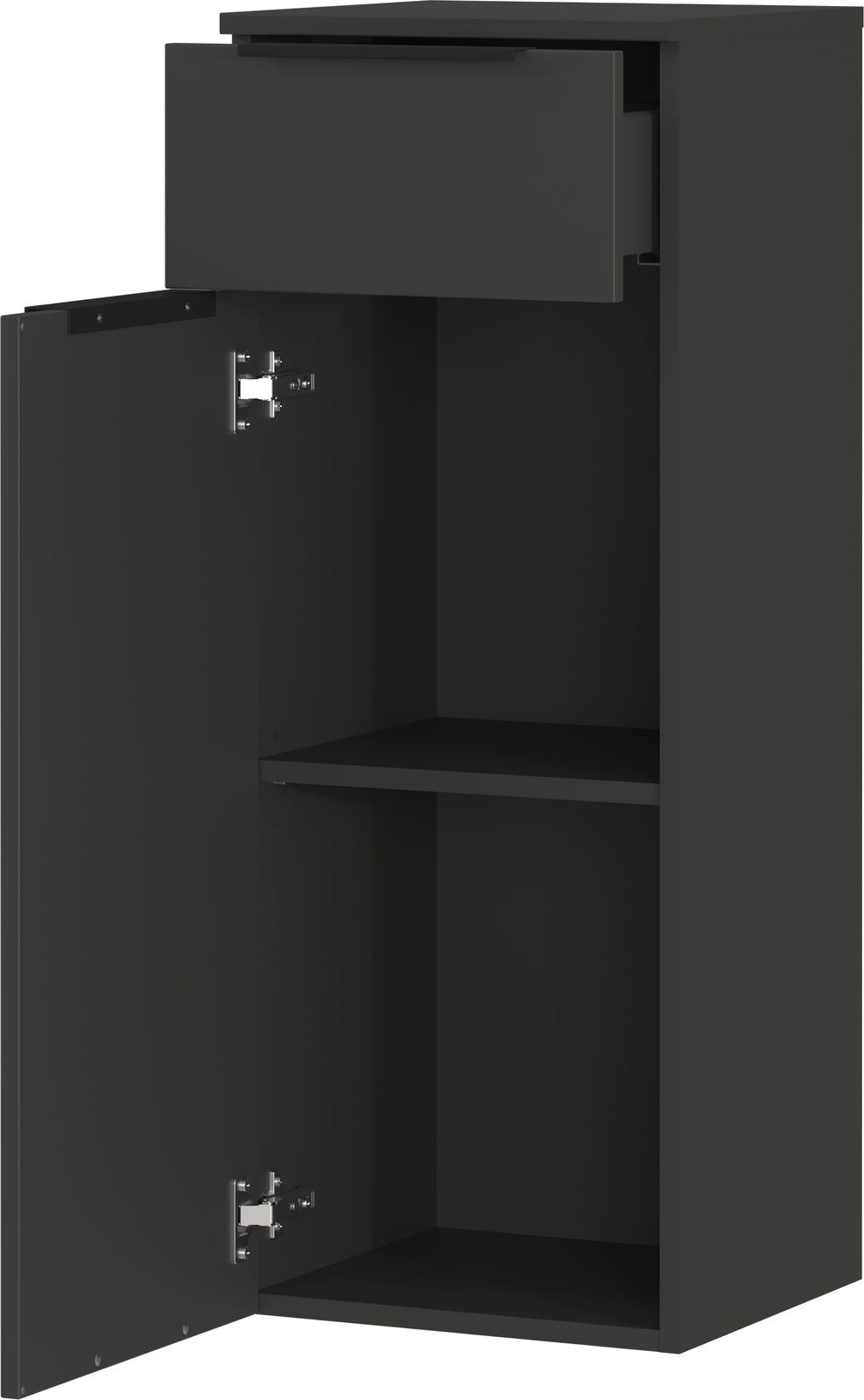 Schwarzer Schrank mit geöffneter Tür und Schublade, seitliche Perspektive