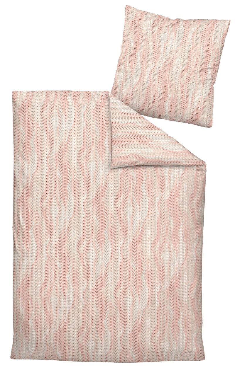 Janine Bettwäsche 135x200cm MILANO Bettwäsche-Set Janine MILANO in Creme und Rosa mit wellenförmigem Muster, bestehend aus einem Kissenbezug und einem Bettdeckenbezug, aus der Vogelperspektive.