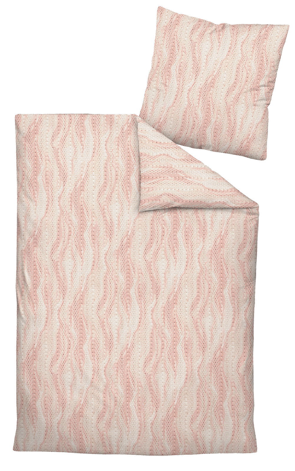 Janine Bettwäsche 135x200cm MILANO Bettwäsche-Set Janine MILANO in Creme und Rosa mit wellenförmigem Muster, bestehend aus einem Kissenbezug und einem Bettdeckenbezug, aus der Vogelperspektive.