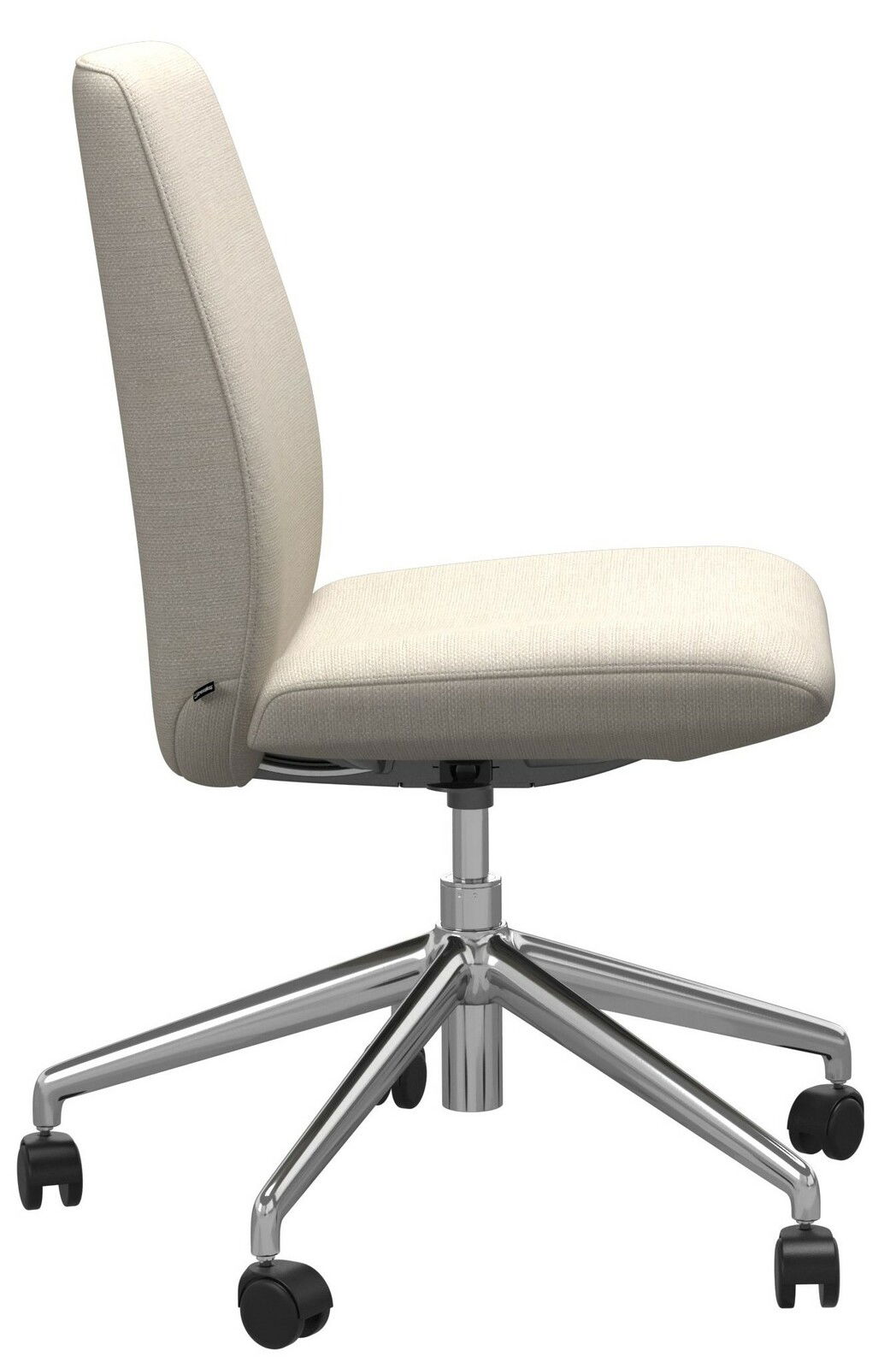 Moderner Home Office Stuhl in Beige mit verchromtem Fußkreuz und Rollen, Seitenansicht