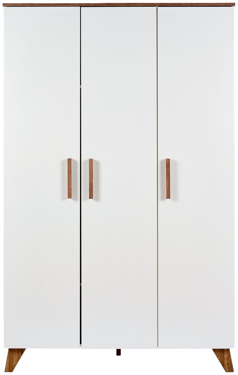 Moderner dreitüriger Kleiderschrank in Weiß mit Holzgriffen, Frontalansicht