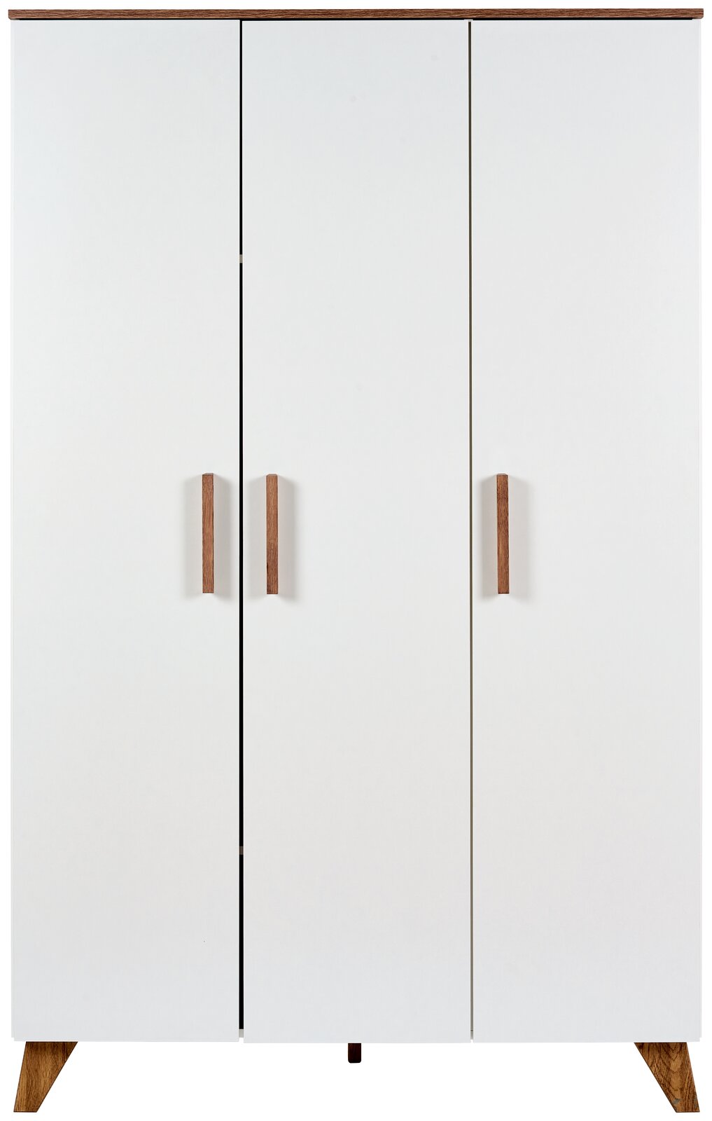 Moderner dreitüriger Kleiderschrank in Weiß mit Holzgriffen, Frontalansicht