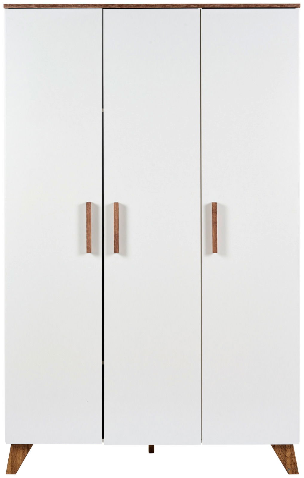 Moderner dreitüriger Kleiderschrank in Weiß mit Holzgriffen, Frontalansicht