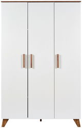 Moderner dreitüriger Kleiderschrank in Weiß mit Holzgriffen, Frontalansicht