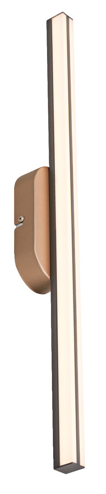 Slanke, verticale led-wandlamp in brons/champagnegoud met opale lichtstrook, zijaanzicht (profiel) tegen een witte achtergrond
