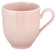 Rosa Kaffeebecher mit Henkel, geriffelte Oberfläche, seitliche Perspektive