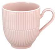 Rosa Kaffeebecher mit Henkel, geriffelte Oberfläche, seitliche Perspektive