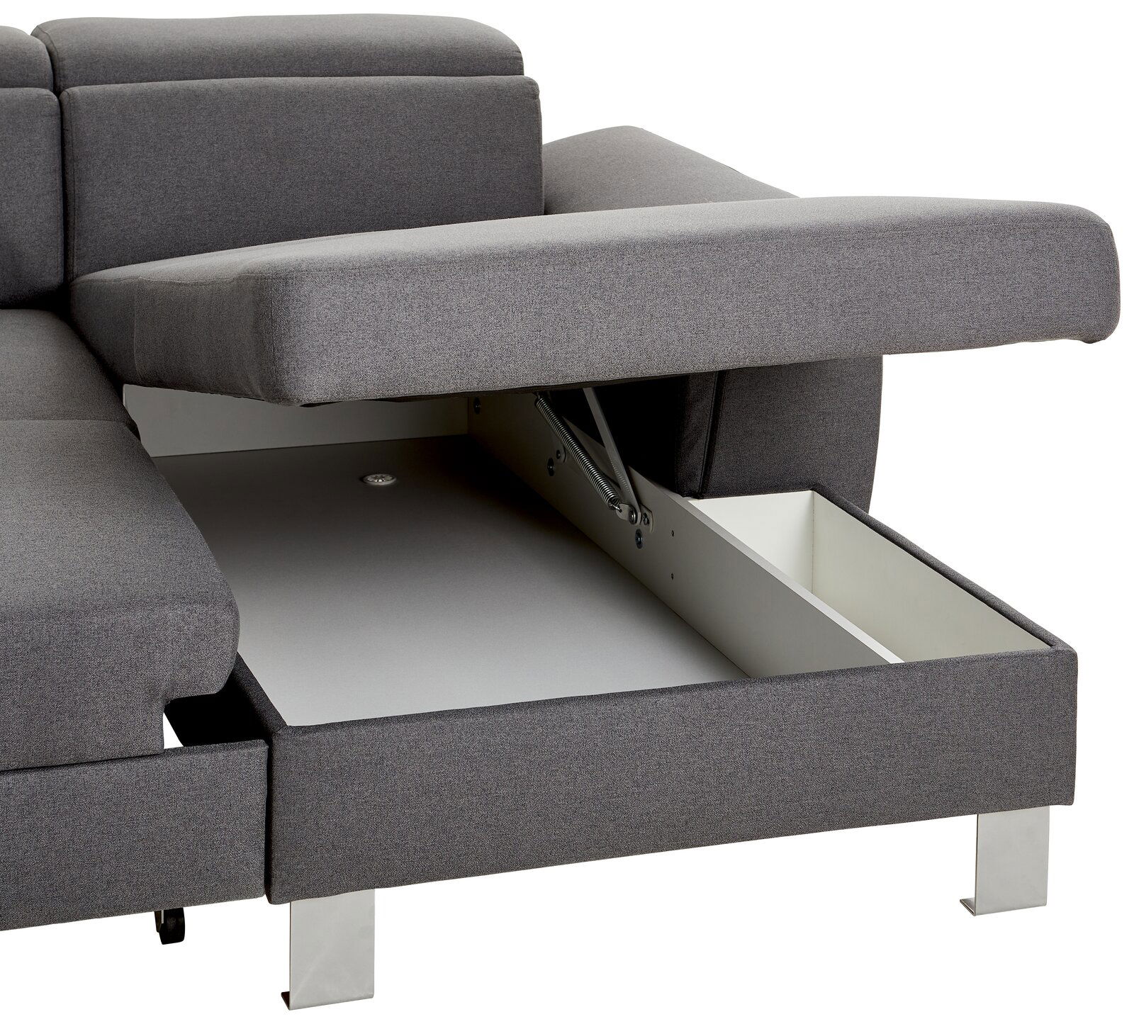 Graues Sofa mit geöffneter Aufbewahrungsbox, seitliche Perspektive