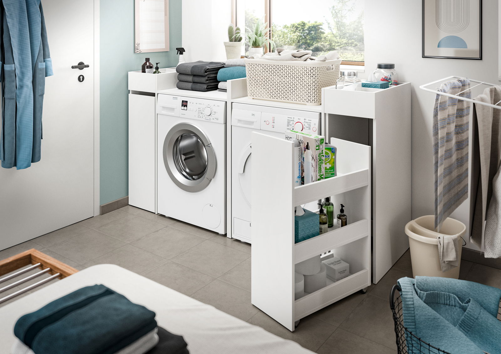 Waschküche mit Waschmaschinenumbau-Set, bestehend aus Waschmaschine, Trockner und praktischem Ausziehregal, seitliche Perspektive