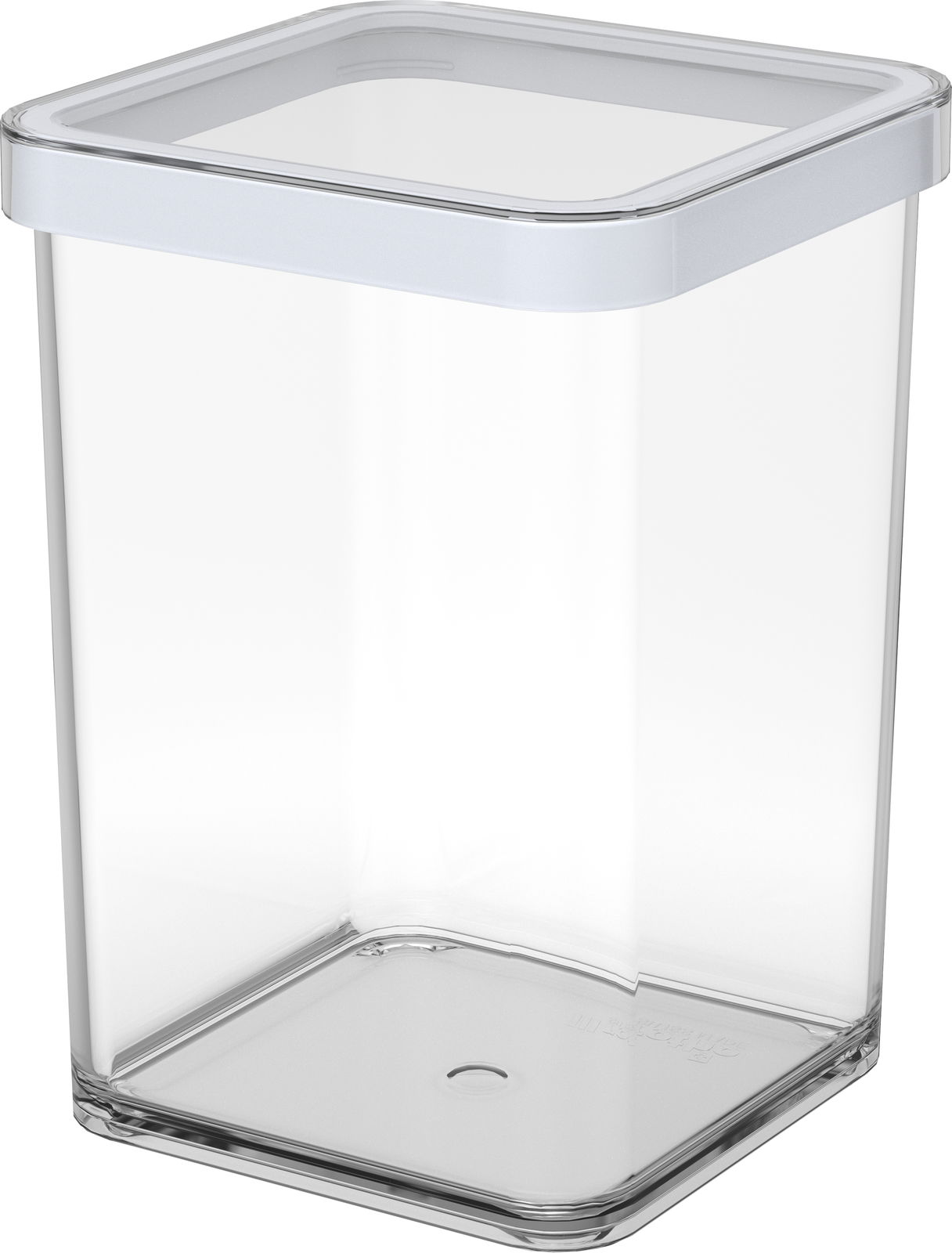 rotho Premium Dose LOFT Transparente, quadratische Premium-Dose mit weißem Deckel, 1 Liter, seitliche Perspektive