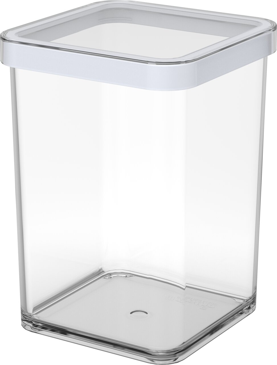 Transparente, quadratische Premium-Dose mit weißem Deckel, 1 Liter, seitliche Perspektive