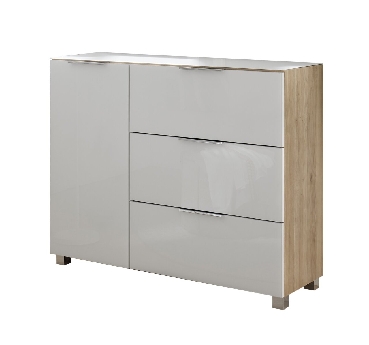 Moderne Kommode mit weiß glänzenden Fronten und Holzseiten, frontal betrachtet.