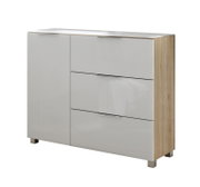 Moderne Kommode mit weiß glänzenden Fronten und Holzseiten, frontal betrachtet.