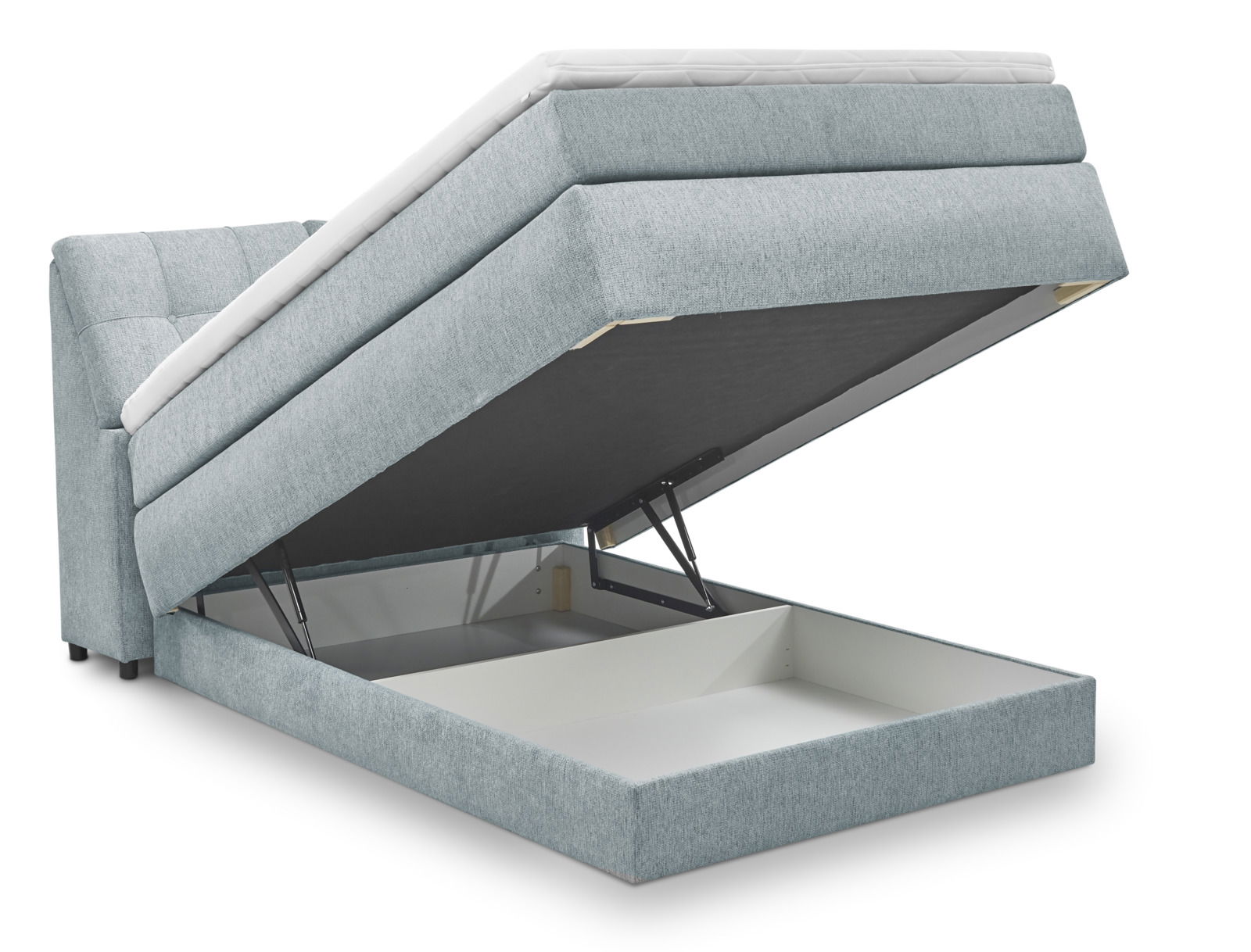 Boxspringbett Set One by Musterring Fairfield in seitlicher Perspektive mit geöffnetem Bettkasten.