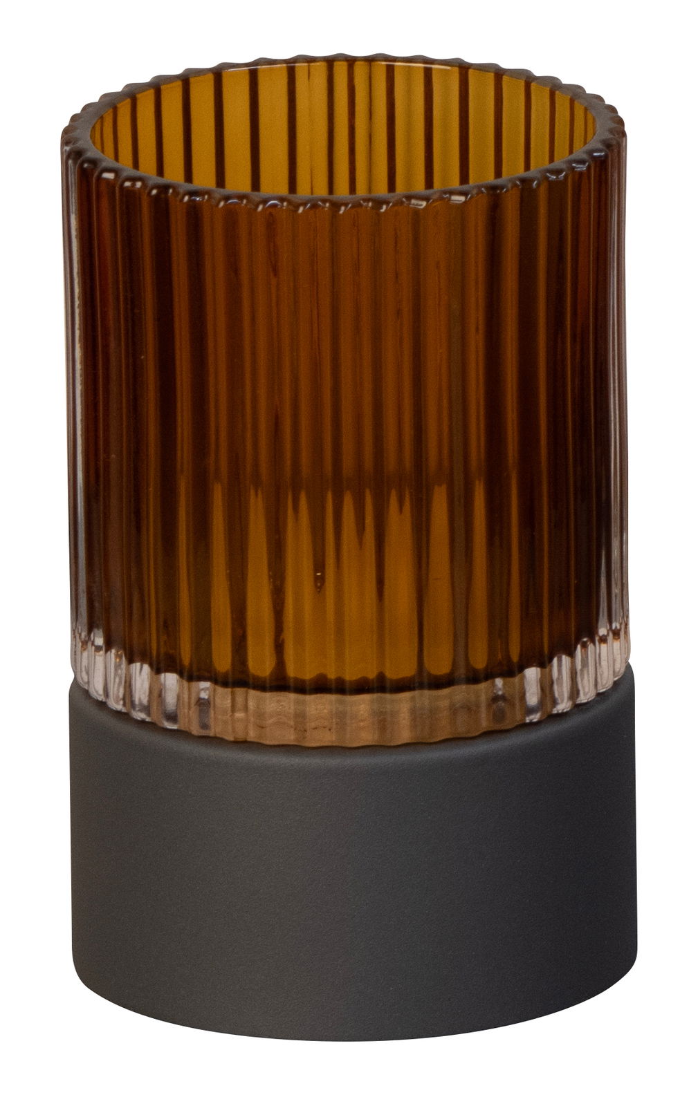 Fischer & Honsel Akku-Windlicht ARIVA PRO Braunes, geriffeltes Akku-Windlicht mit schwarzem Sockel, seitliche Perspektive