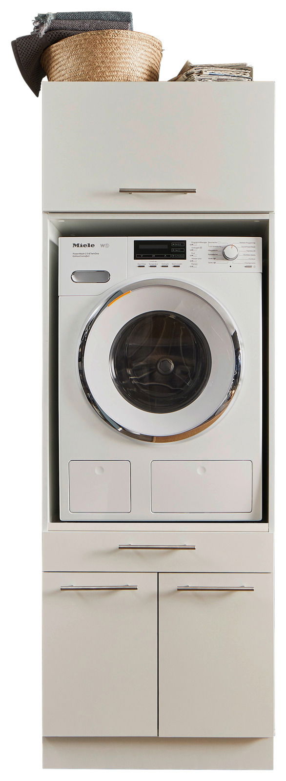 XORA Hauswirtschaftsraum-Kombi PRIMUS Frontansicht einer Hauswirtschaftsraum-Kombination mit Waschmaschine und Stauraum.