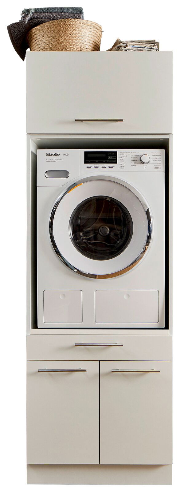 Frontansicht einer Hauswirtschaftsraum-Kombination mit Waschmaschine und Stauraum.