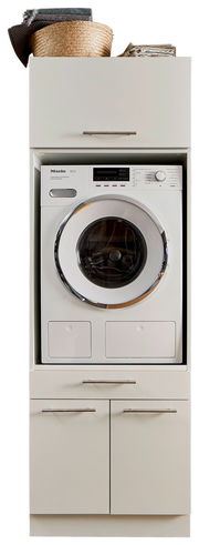 Frontansicht einer Hauswirtschaftsraum-Kombination mit Waschmaschine und Stauraum.