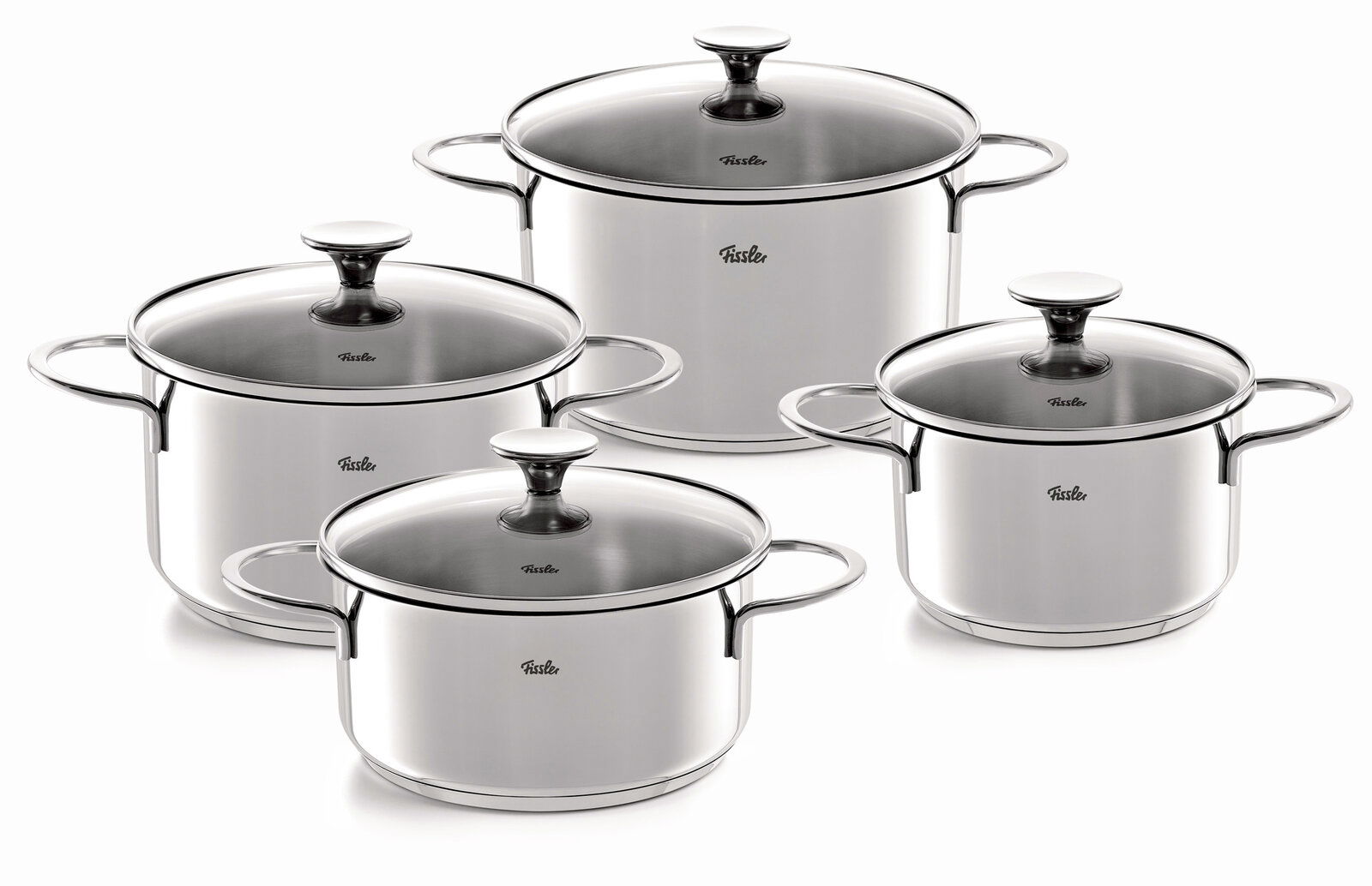 Fissler Topfset 4-tlg.COPENHAGEN Vier-teiliges Topfset Copenhagen aus Edelstahl mit Glasdeckeln, seitliche Perspektive