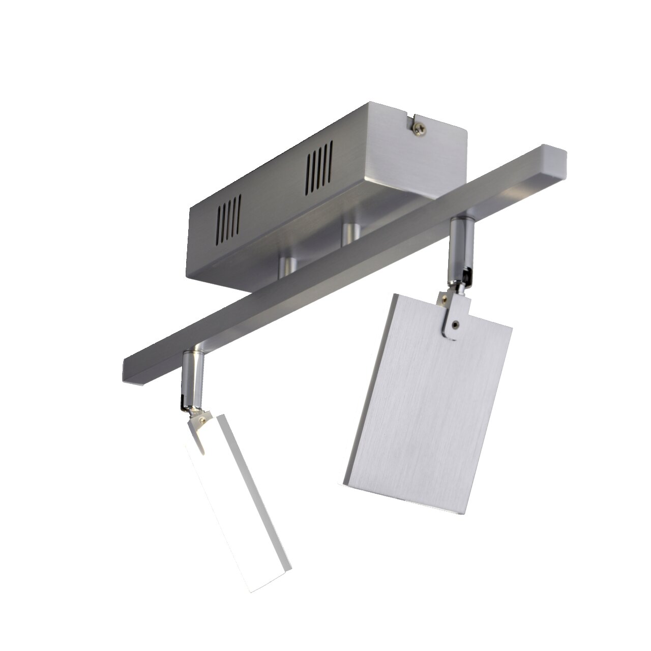 Moderne Deckenleuchte aus Aluminium mit zwei rechteckigen, verstellbaren Leuchtelementen, seitliche Perspektive.