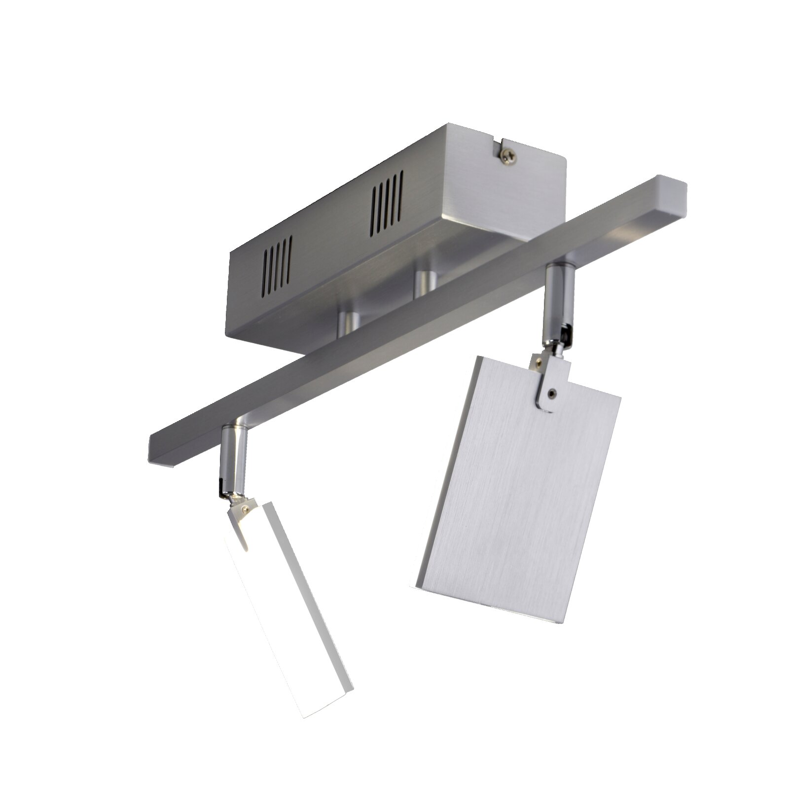 Moderne Deckenleuchte aus Aluminium mit zwei rechteckigen, verstellbaren Leuchtelementen, seitliche Perspektive.