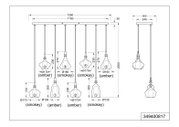 Technische Zeichnung einer mehrflammigen Pendelleuchte mit 8 Glas-Schirmen in Amber und Smokey, rechteckigem Deckenbaldachin und Maßangaben; Ansicht von vorne und von der Seite.