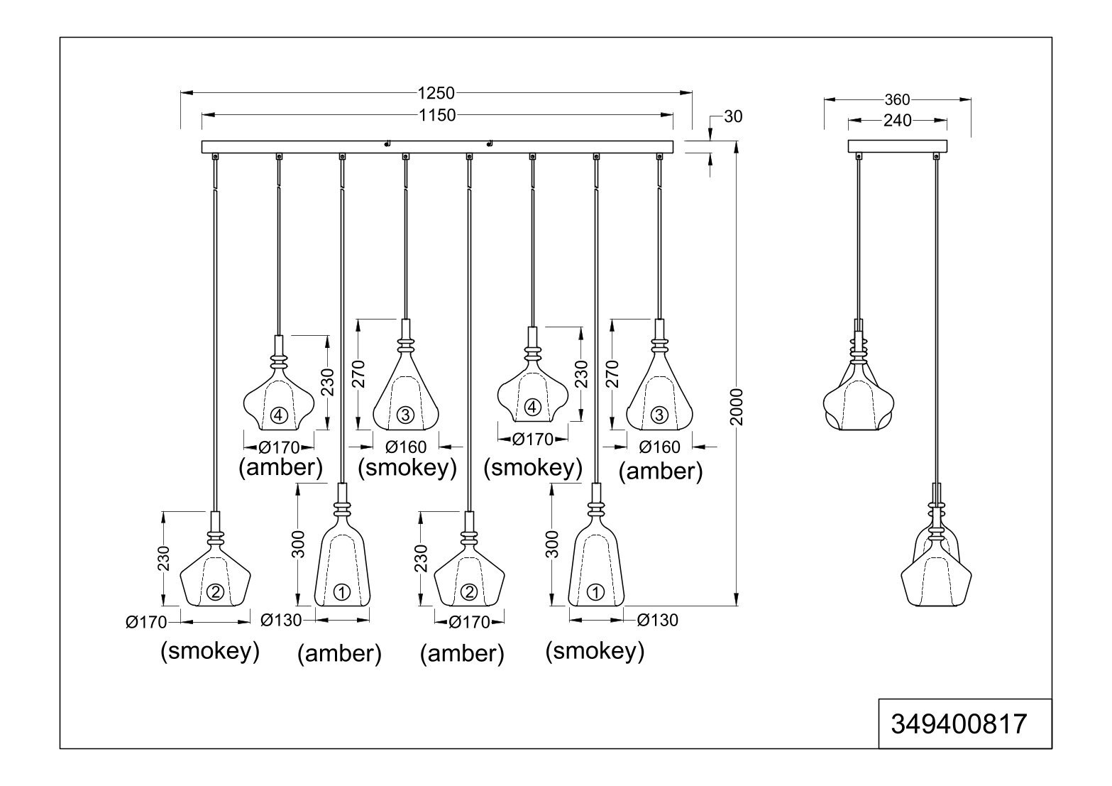 Technische Zeichnung einer mehrflammigen Pendelleuchte mit 8 Glas-Schirmen in Amber und Smokey, rechteckigem Deckenbaldachin und Maßangaben; Ansicht von vorne und von der Seite.