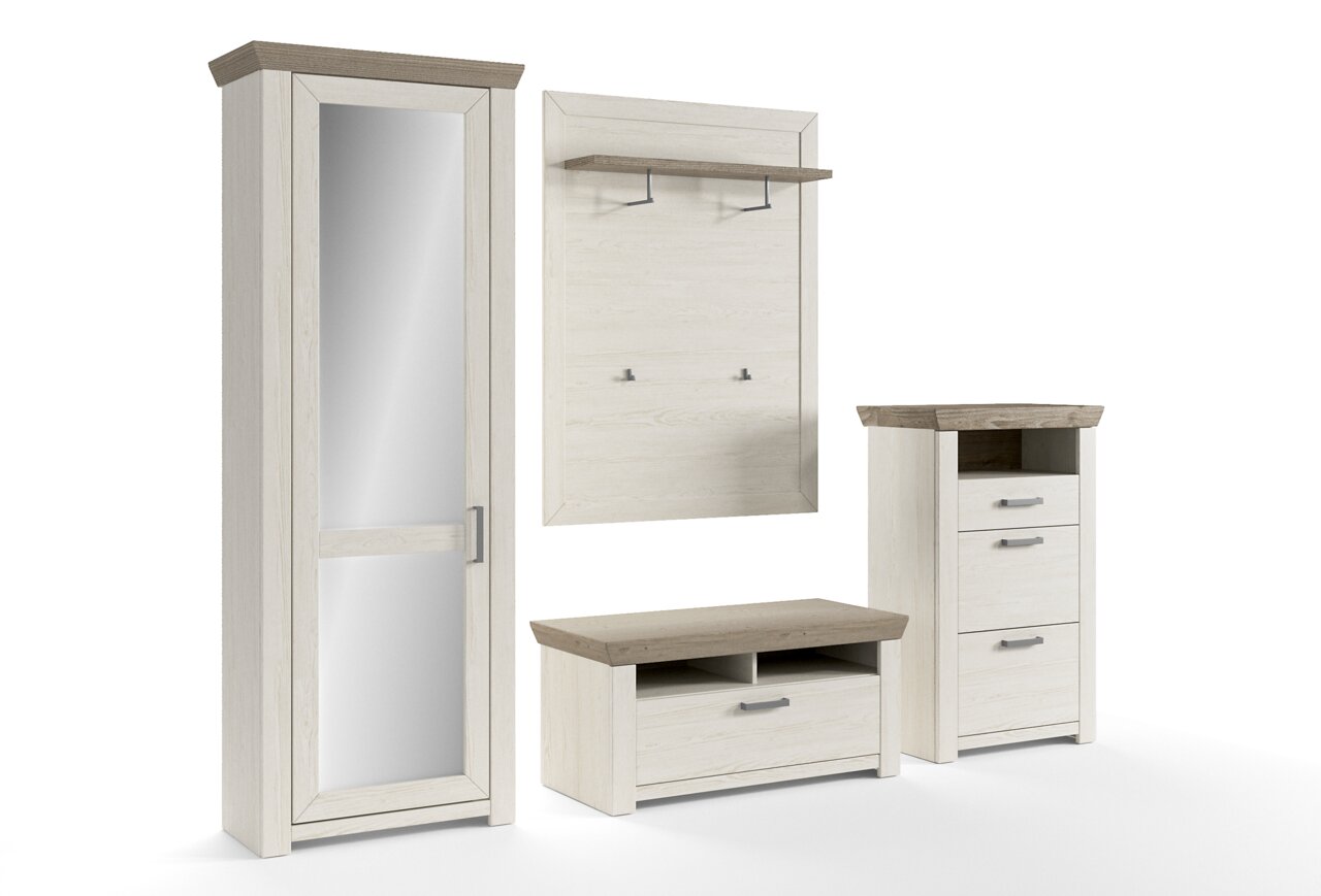Garderoben-Set in heller Holzoptik mit Spiegel, Paneel, Bank und Schuhschrank, seitliche Perspektive