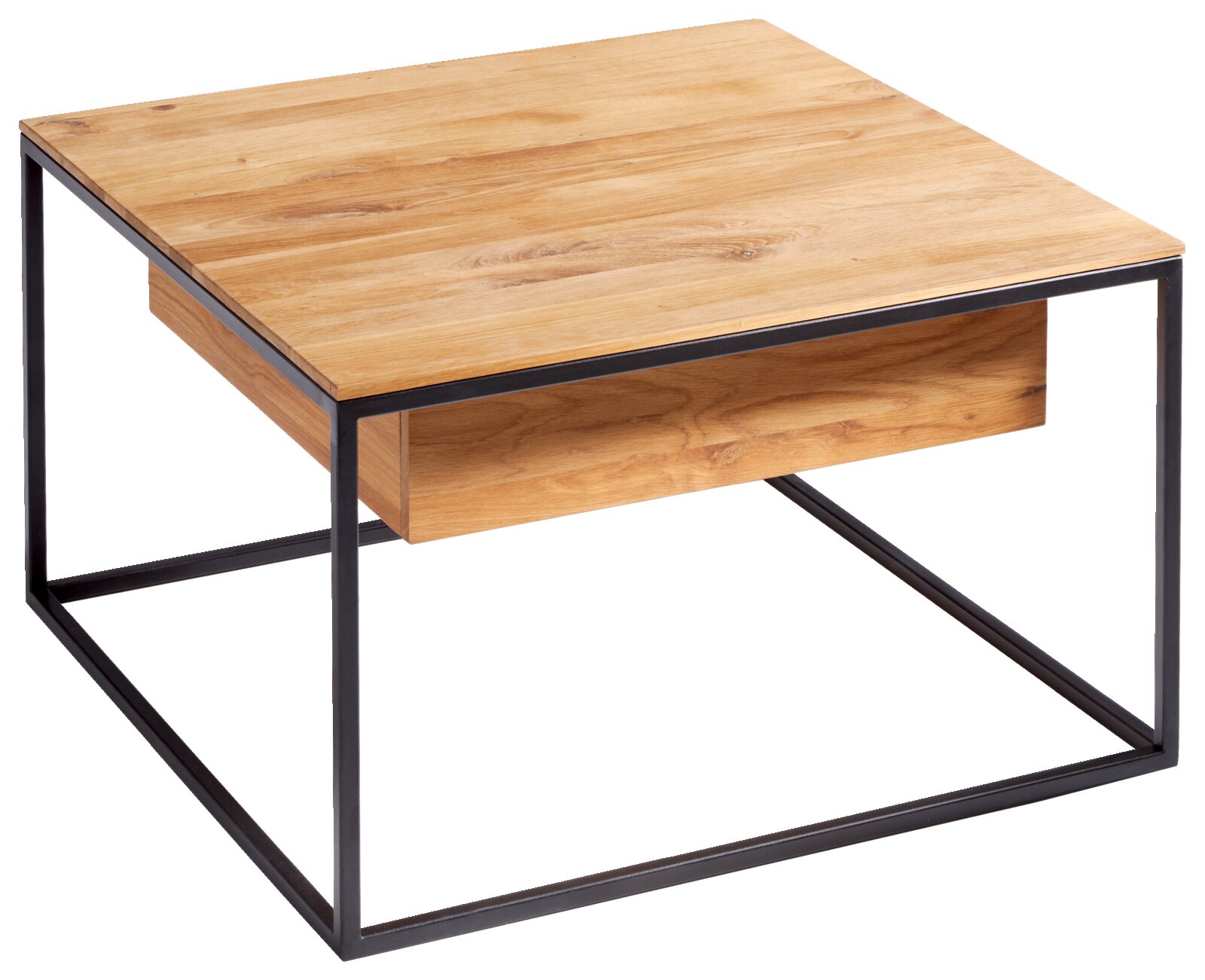 Moderne bijzettafel van hout met metalen frame, zijaanzicht