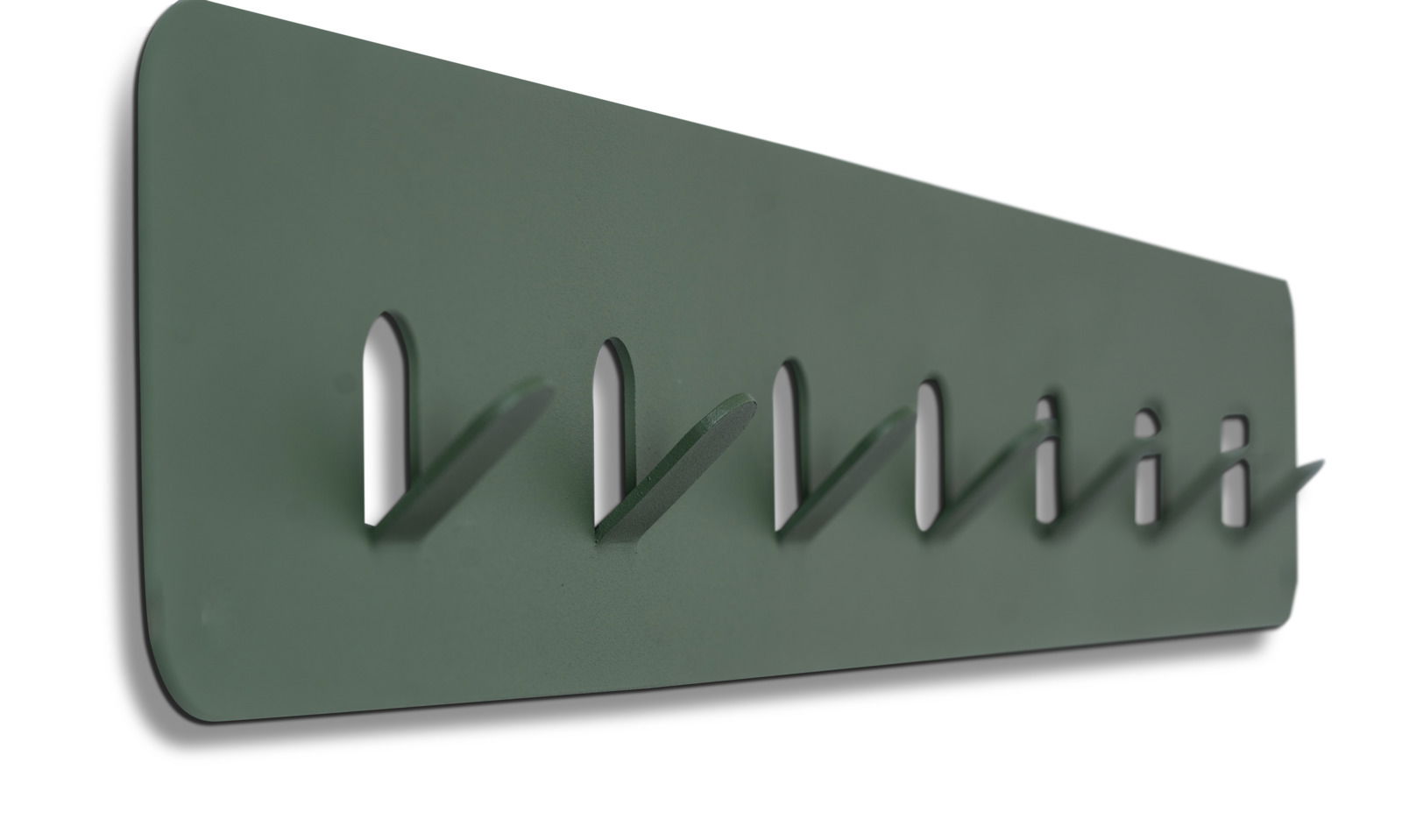 Garderobenleiste aus Metall in Grün mit sechs Haken, seitliche Perspektive