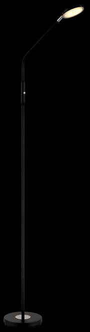 Schwarze LED-Stehleuchte mit flexiblem Hals und rundem Sockel, seitliche Perspektive