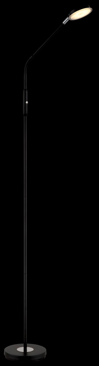 Schwarze LED-Stehleuchte mit flexiblem Hals und rundem Sockel, seitliche Perspektive