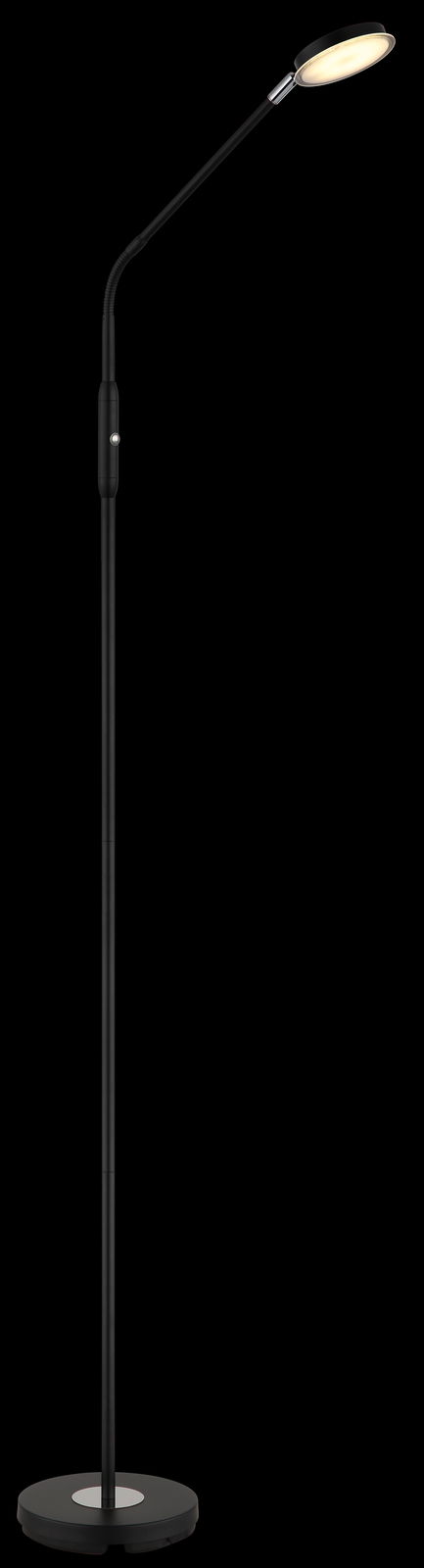 Schwarze LED-Stehleuchte mit flexiblem Hals und rundem Sockel, seitliche Perspektive
