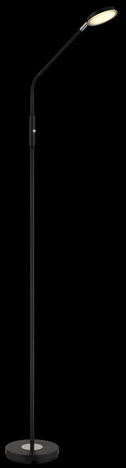 Schwarze LED-Stehleuchte mit flexiblem Hals und rundem Sockel, seitliche Perspektive