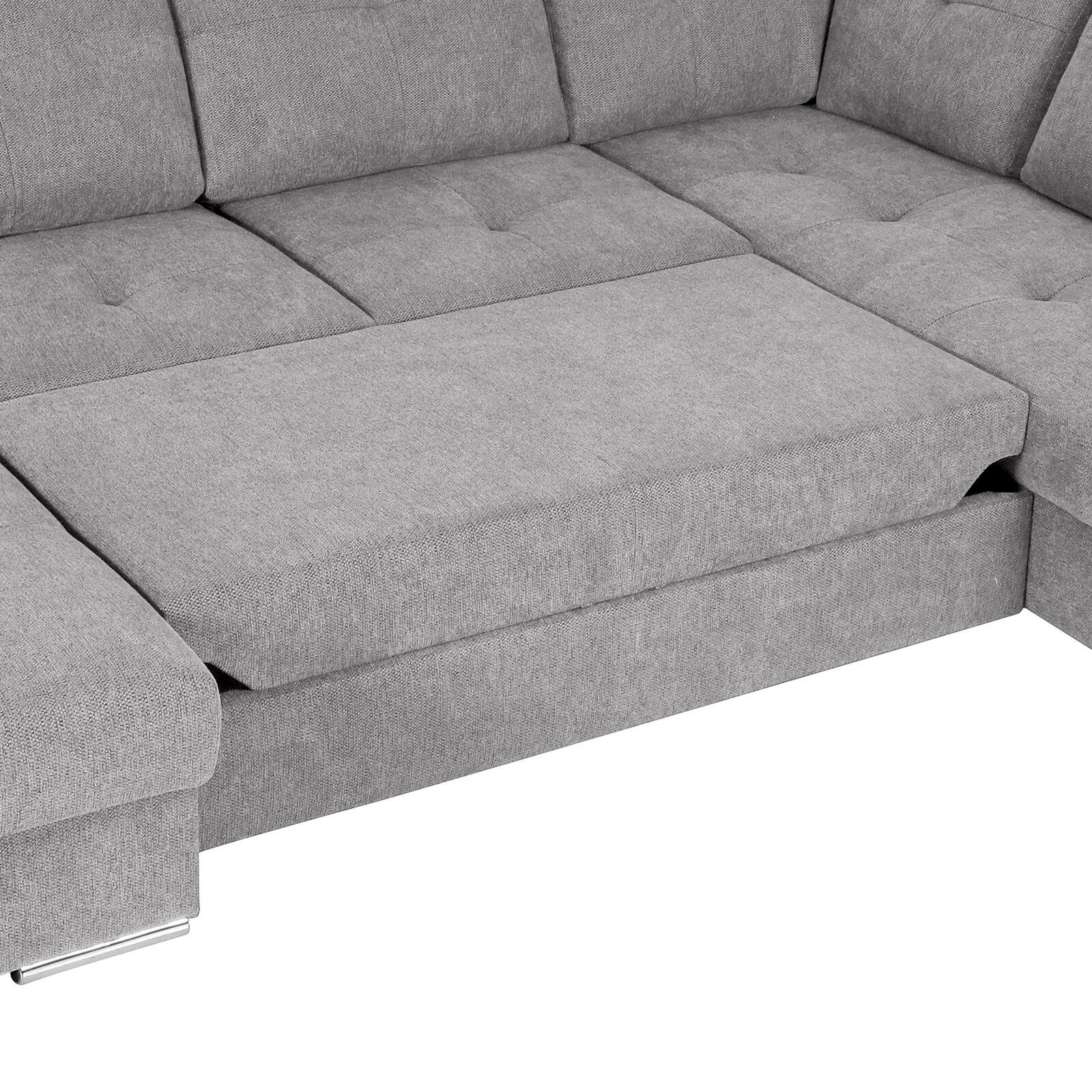 Graue Ecksofa mit Ottomane, Ansicht von oben, zeigt die Sitzfläche und Rückenlehnen.