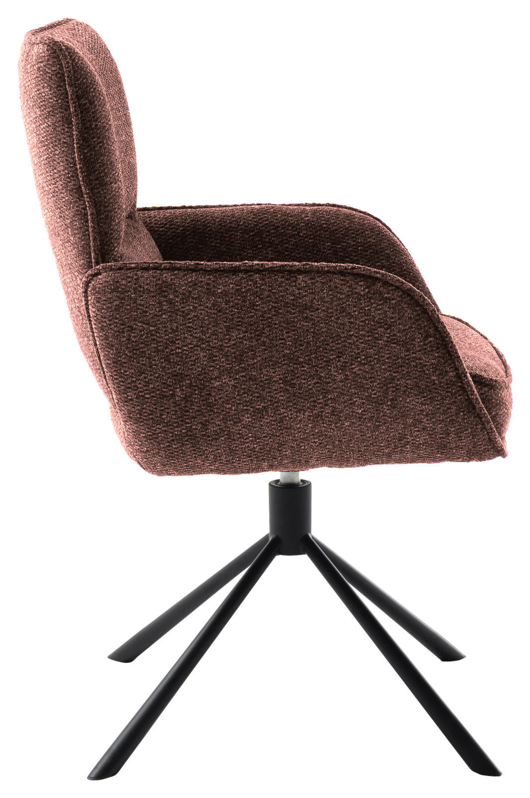 Seitenansicht eines braunen Armlehnstuhls mit schwarzem Metallgestell und vier Beinen.