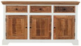 Frontale Ansicht eines Sideboards mit drei Schubladen und drei Türen aus Holz in einem zweifarbigen Design.